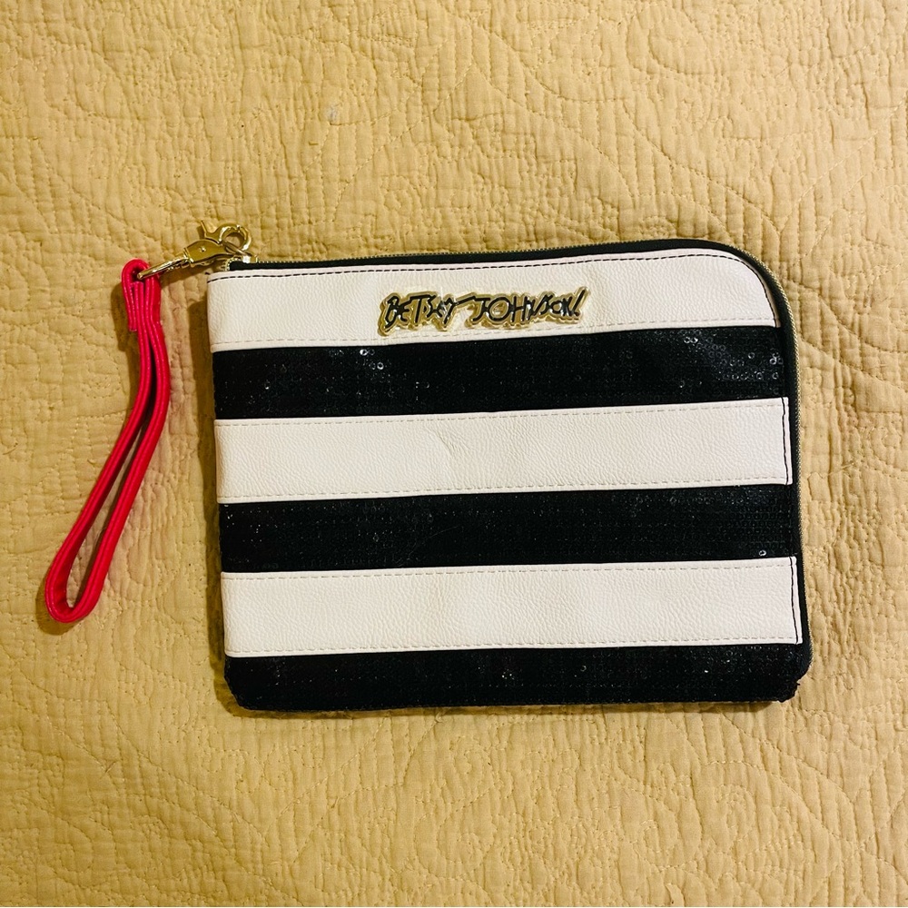 BETSY JOHNSON | SEQUIN black and white clutch purse hot pink strap